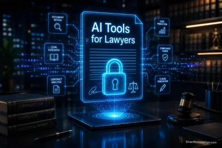 A glowing 3D holographic contract locked with a digital padlock, illustrating secure AI tools for lawyers in 2026.