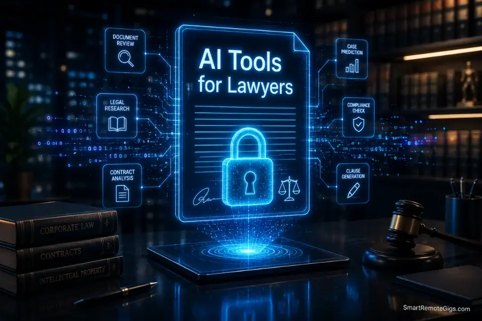 A glowing 3D holographic contract locked with a digital padlock, illustrating secure AI tools for lawyers in 2026.