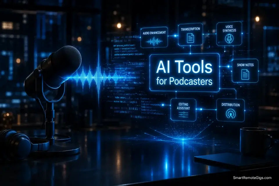 A glowing 3D holographic audio waveform emitting from a studio microphone, illustrating the best AI tools for podcasters in 2026.