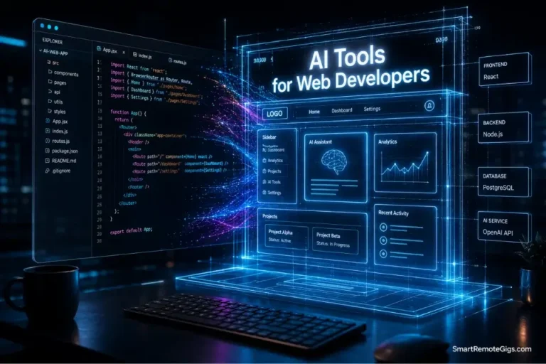 A glowing 3D holographic code editor transforming into an architectural blueprint, illustrating the best AI tools for web developers in 2026.