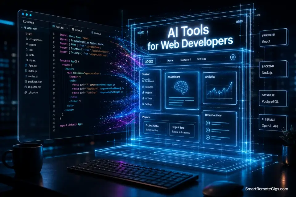 A glowing 3D holographic code editor transforming into an architectural blueprint, illustrating the best AI tools for web developers in 2026.