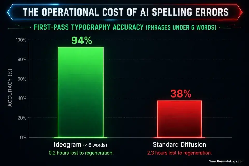 Bar chart data comparing Ideogram vs Leonardo AI on first pass typography spelling accuracy and time lost to regenerations.