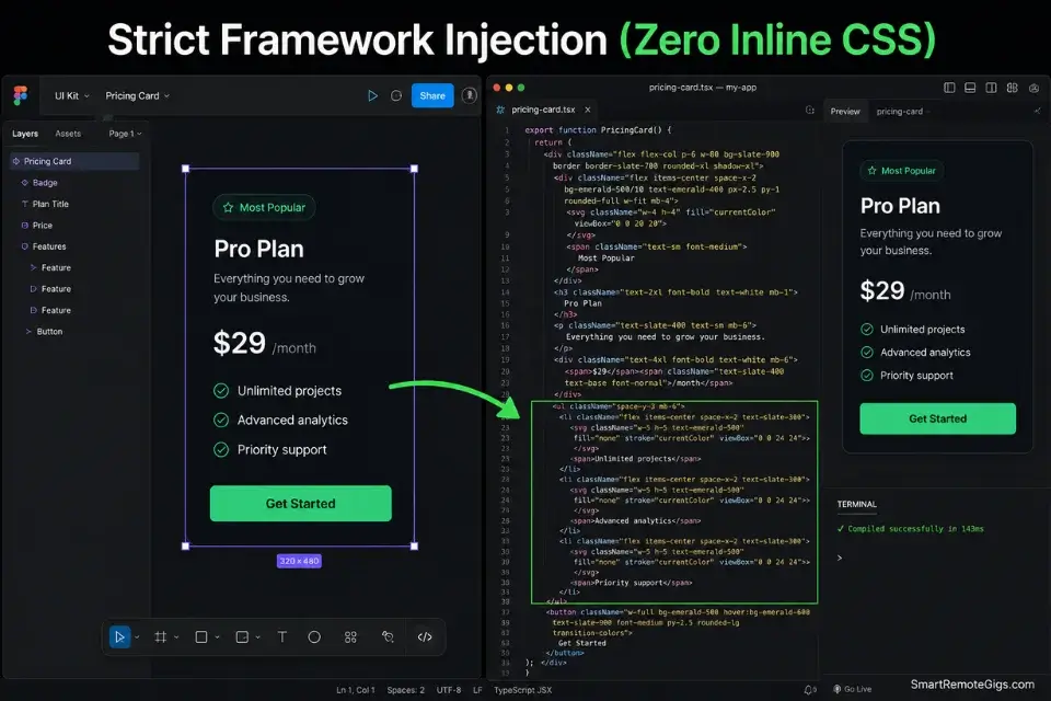 Split screen showing a Figma UI mockup converted directly into clean Tailwind CSS React code using an AI code editor.