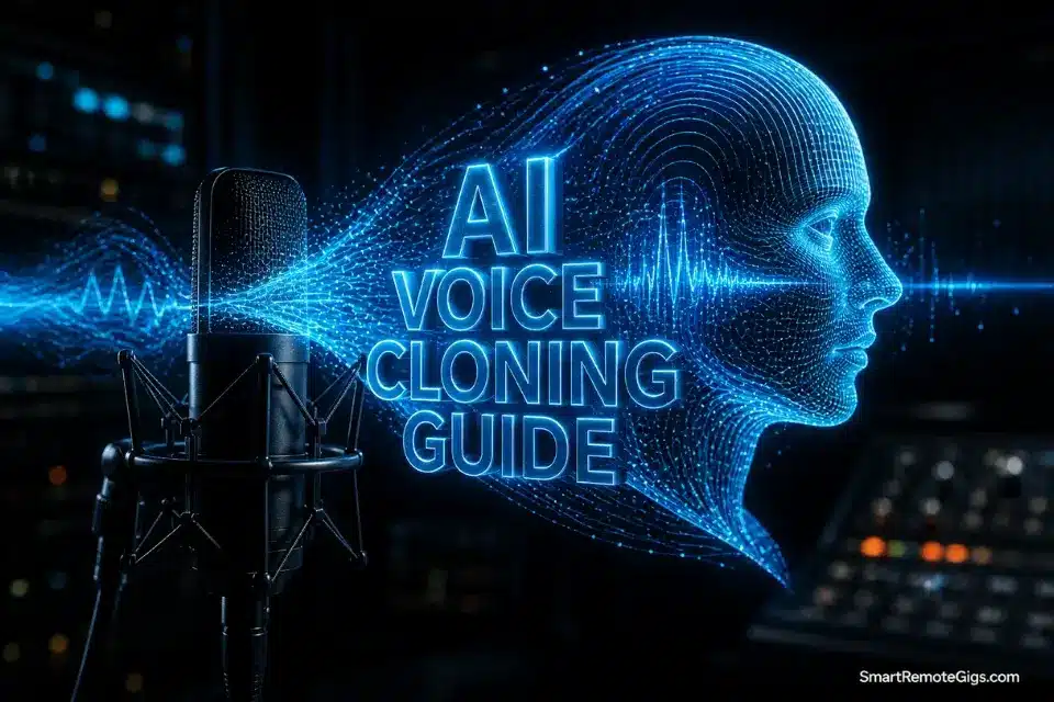 3D rendering representing an AI voice cloning guide, showing a studio microphone emitting a holographic human clone made of soundwaves.