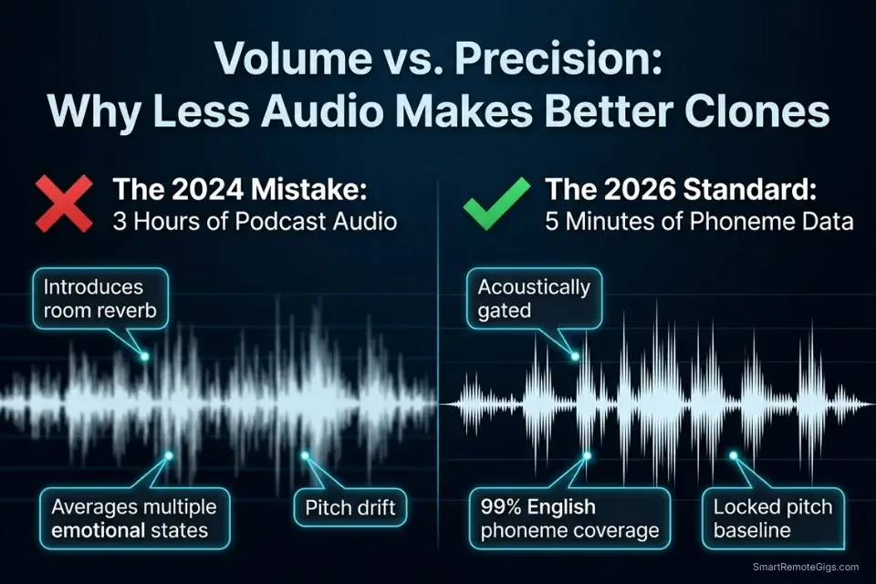 Infographic comparing 3 hours of bad podcast audio versus 5 minutes of clean phoneme data for AI voice cloning.