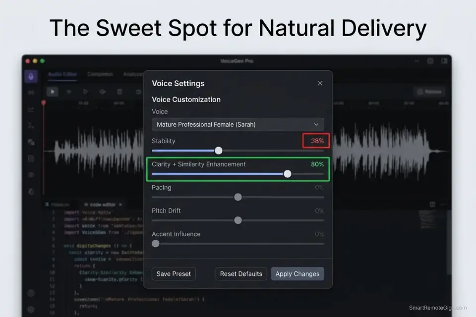 Screenshot of AI voice generator settings showing stability lowered to 38 percent to create natural human micro-expressions.
