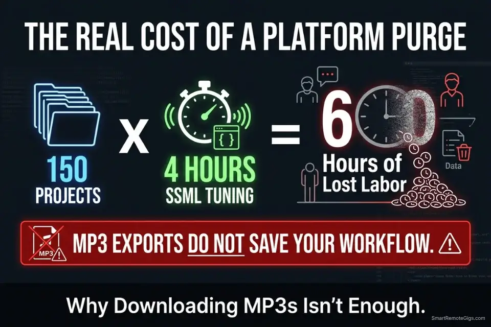 Infographic showing the financial and time loss of losing SSML data during an AI voice platform shutdown.