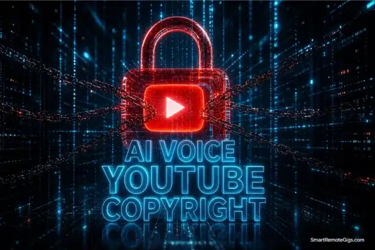 3D rendering representing AI voice YouTube copyright laws in 2026, showing a digital padlock securing a YouTube play button against strikes.