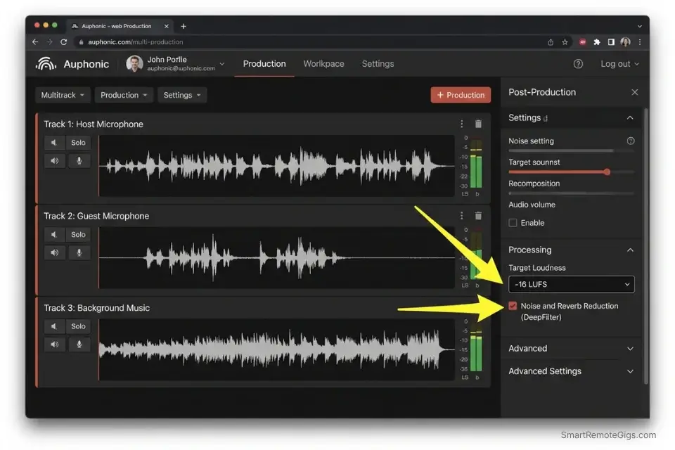 A screenshot of the Auphonic AI mastering interface configured to target the Apple Podcasts standard of -16 LUFS.