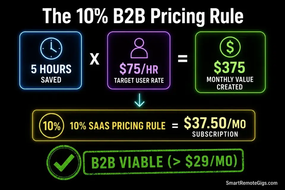 Canva infographic illustrating the B2B ROI viability formula for validating and pricing how to find micro saas ideas.