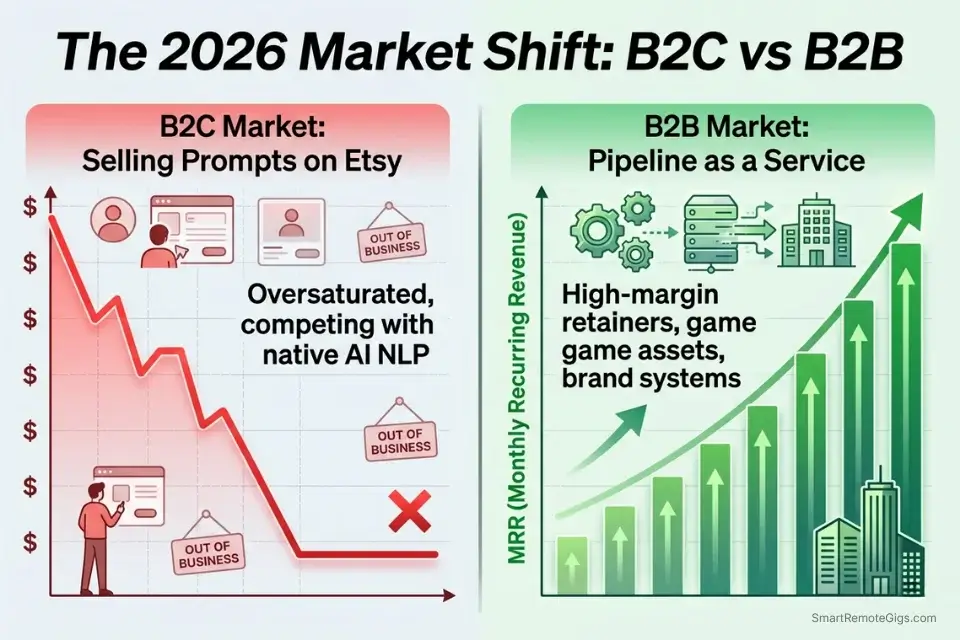Trend graph comparing the dying B2C market of selling AI prompts against the lucrative B2B market of AI asset pipelines.