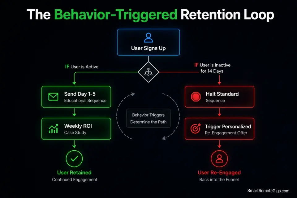 Flowchart showing behavior-triggered email newsletter automation to reduce churn in micro saas marketing.