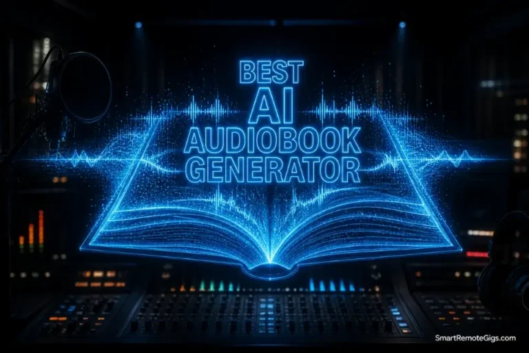 3D rendering representing the best AI audiobook generator in 2026, showing a book made of glowing audio waveforms over a studio console.