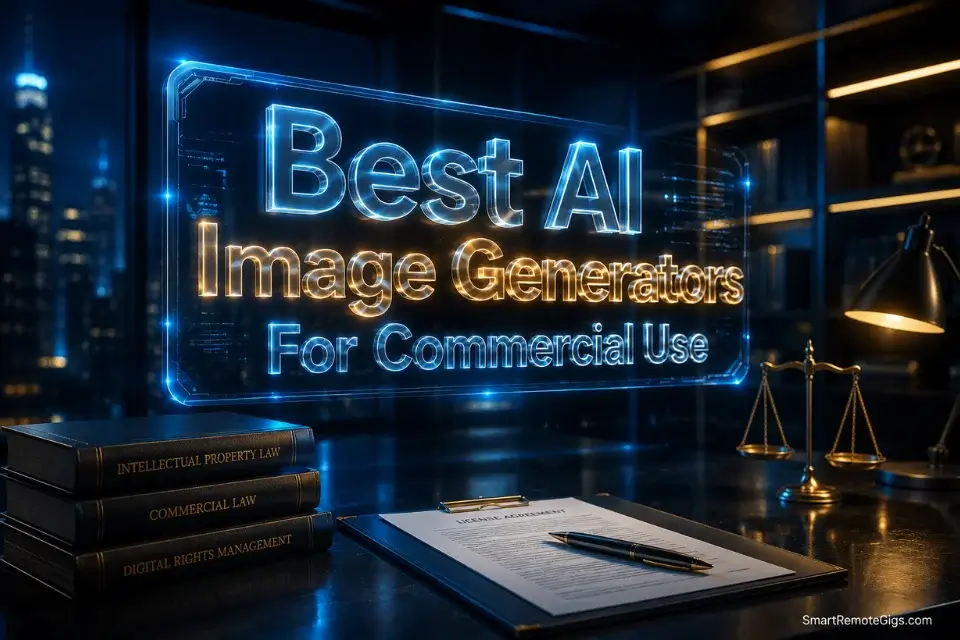 3D cinematic rendering of the text Best AI Image Generators For Commercial Use 2026 highlighting enterprise legal safety.