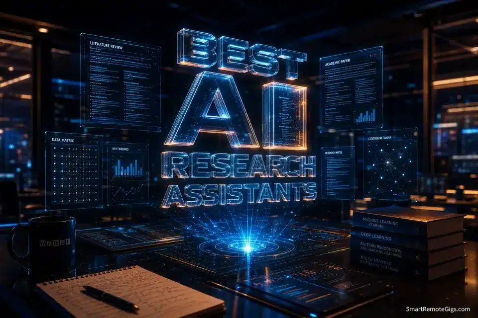 3D cinematic rendering of the text Best AI Research Assistants highlighting the 2026 benchmark for source-grounded knowledge synthesis.