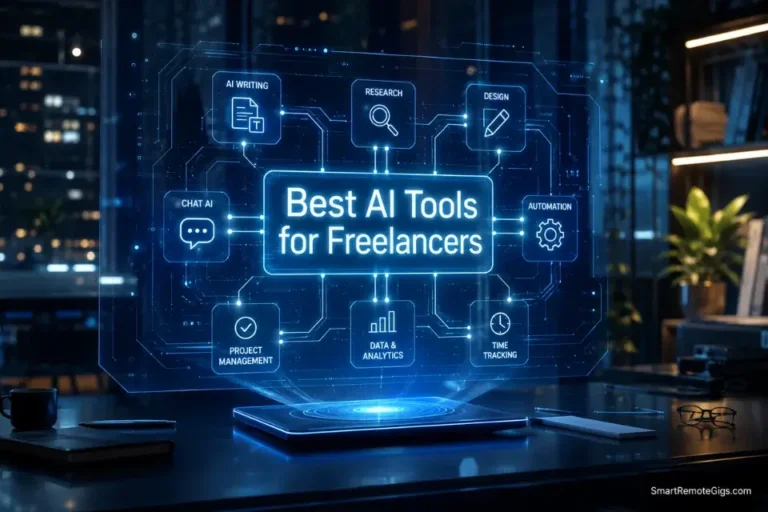 A glowing 3D holographic workspace illustrating the best AI tools for freelancers in 2026 to automate workflows.