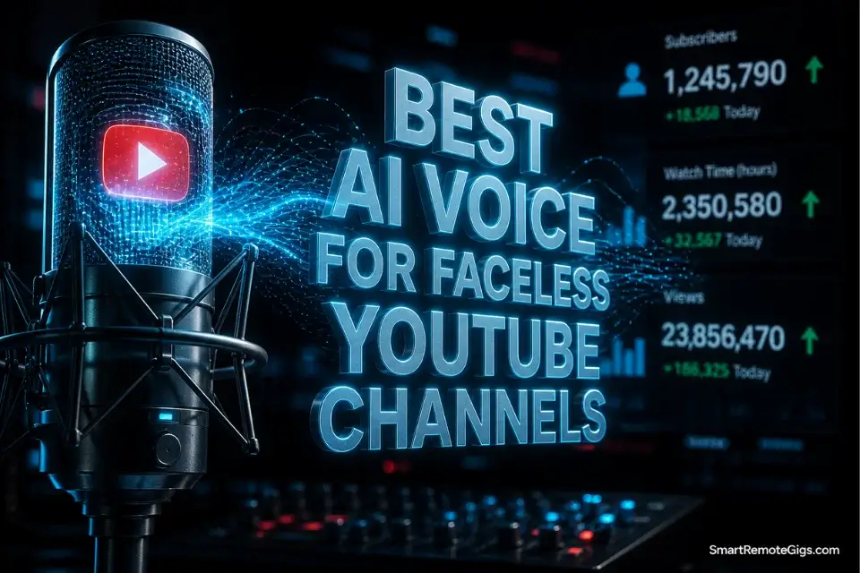 3D rendering representing the best AI voice for faceless YouTube channels in 2026, showing a futuristic microphone generating high-retention video content.
