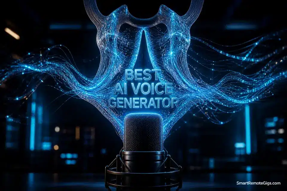 3D rendering of the best AI voice generator 2026 concepts, showing fiber optic vocal cords merging with a studio microphone.
