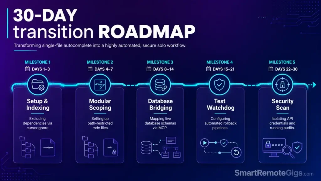 30-day timeline roadmap outlining setup, modular scoping, database bridging, test automation, and security scan phases.