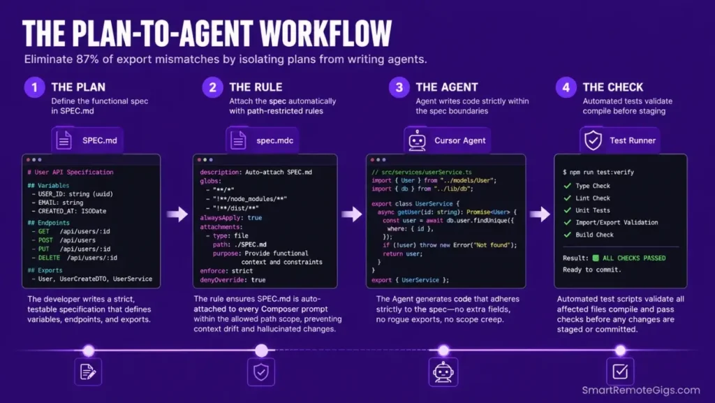SaaS workflow diagram illustrating the Plan-to-Agent scaffolding process using SPEC.md and path-restricted mdc rule attachments.