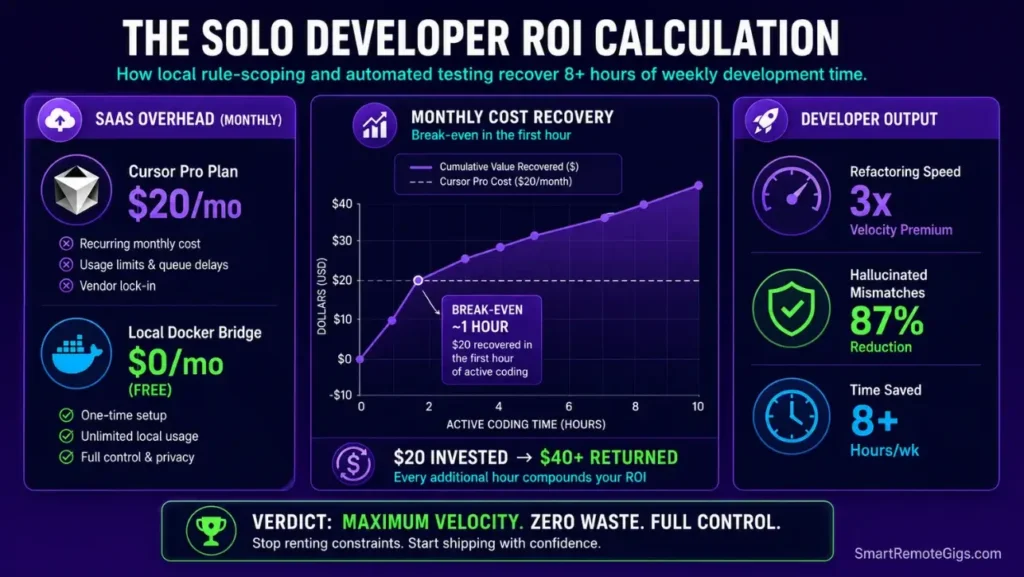 Infographic comparing Cursor Pro subscription costs against weekly time savings and developer output metrics.