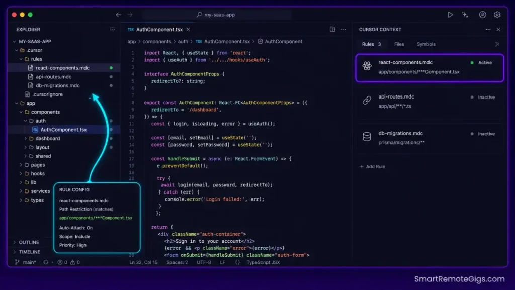 Annotated screenshot of the Cursor editor UI showing folder-scoped .mdc rules triggering selectively based on active file paths.