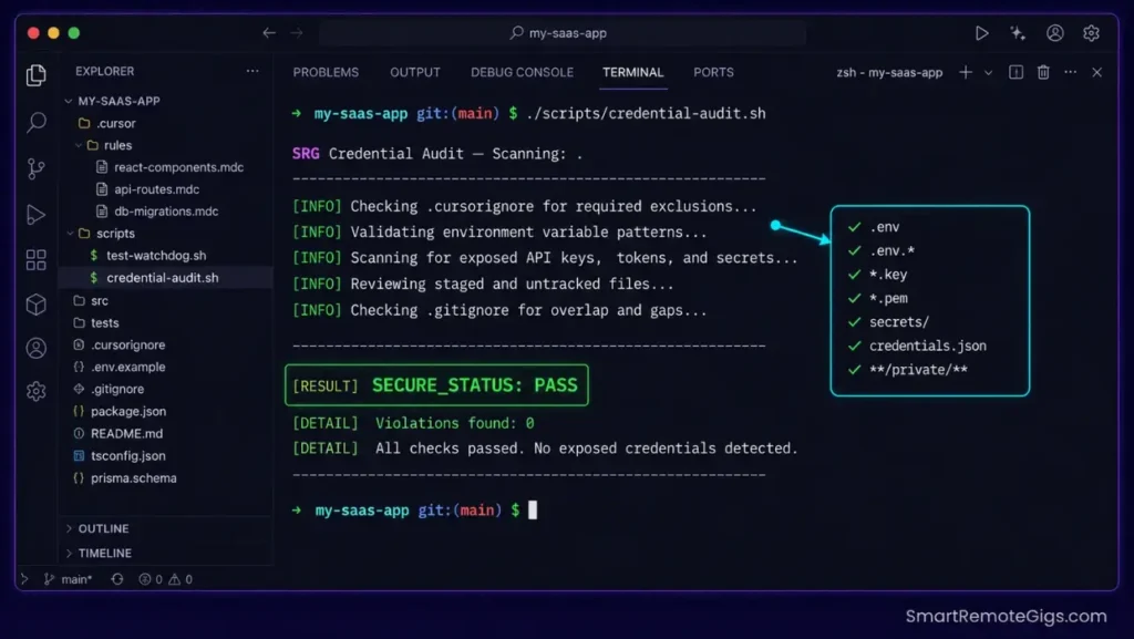 Screenshot of a terminal window executing our pre-commit credential audit script, confirming zero exposed API keys exist in the workspace.