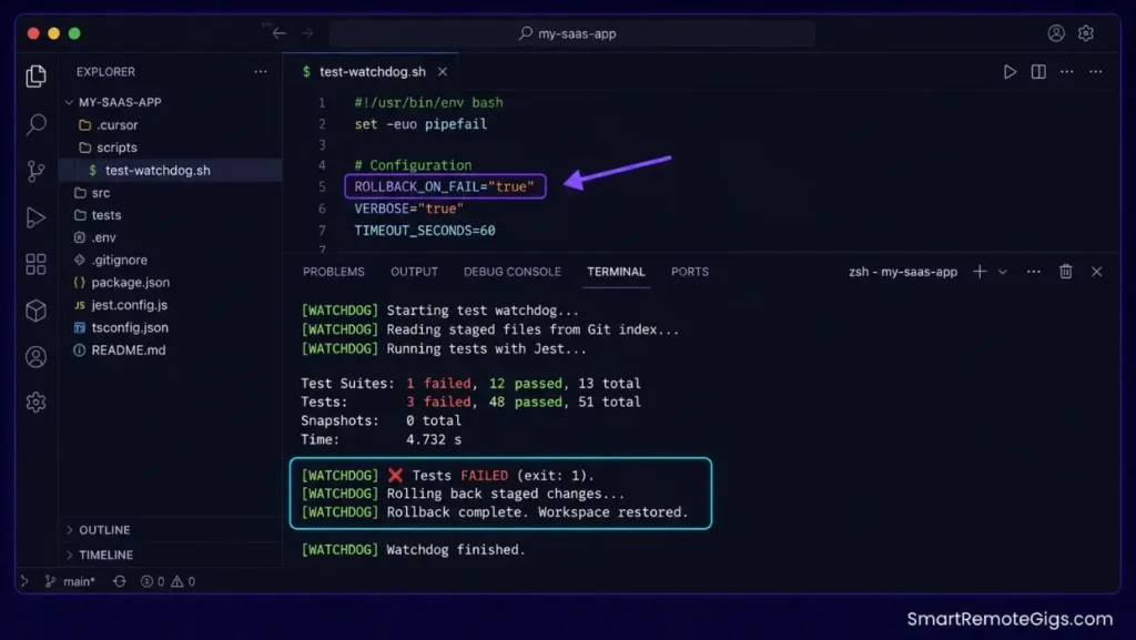 Screenshot of Cursor's integrated terminal executing the post-generation test watchdog script, automatically rolling back failed code changes.