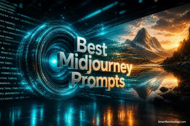 3D glowing text reading Best Midjourney Prompts floating above a futuristic camera lens decoding text into a photorealistic image.