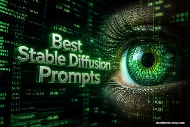 3D glowing text reading Best Stable Diffusion Prompts floating above a matrix of mathematical code rendering a hyper-realistic human eye.