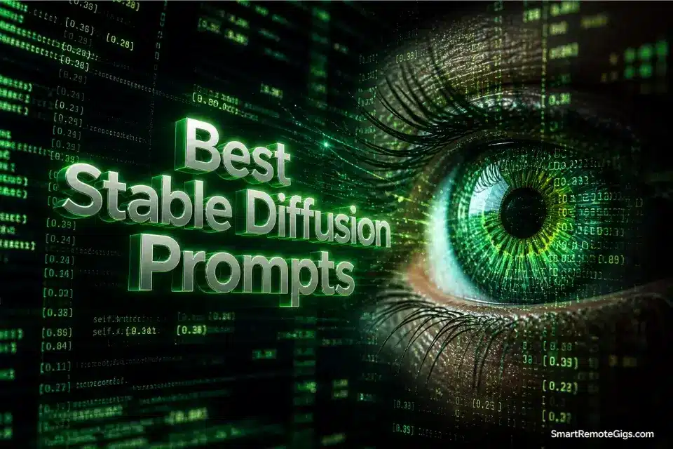 3D glowing text reading Best Stable Diffusion Prompts floating above a matrix of mathematical code rendering a hyper-realistic human eye.