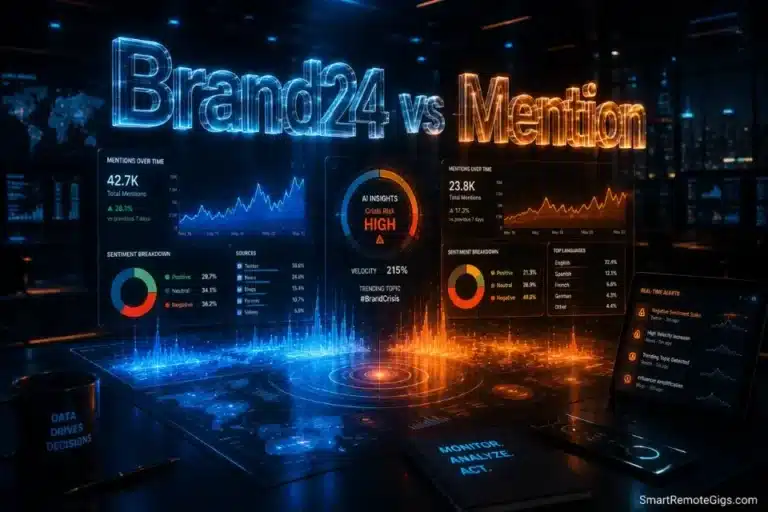 3D cinematic rendering of the text Brand24 vs Mention highlighting the 2026 benchmark for the best B2B PR tracker and social listening tool.