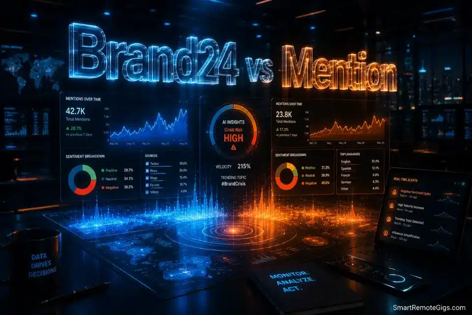 3D cinematic rendering of the text Brand24 vs Mention highlighting the 2026 benchmark for the best B2B PR tracker and social listening tool.