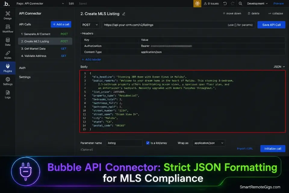 Real screenshot of Bubble.io API connector configured for real estate compliance, a highly profitable AI micro saas idea.