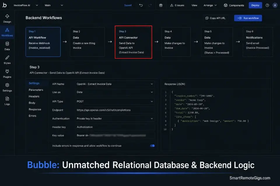Real screenshot of Bubble.io backend workflows, ranked as the top choice for best no code ai builders for web apps.