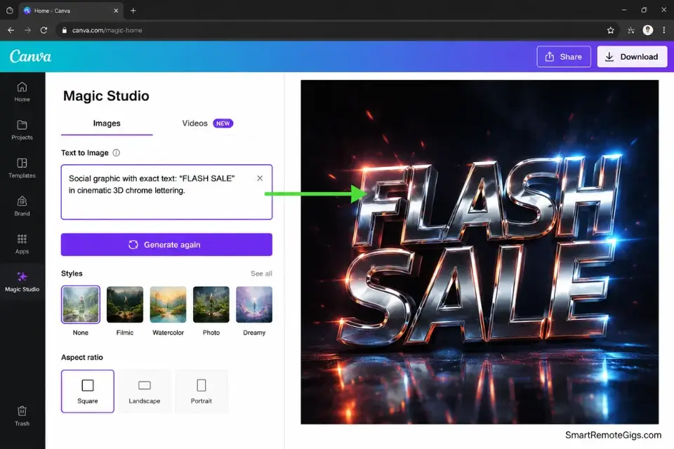Canva Magic Studio successfully rendering flawless 3D typography for commercial AI image generation.