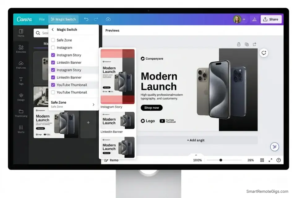 Canva Magic Studio interface showing the Magic Switch feature automatically resizing a graphic design asset for multiple social media platforms.