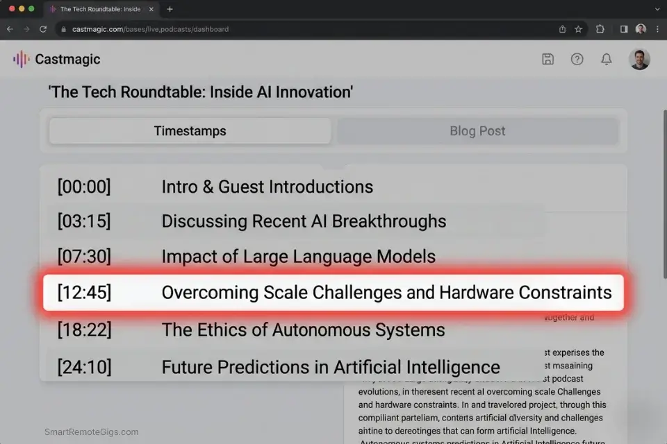Screenshot of the Castmagic AI dashboard extracting highly accurate timestamps and show notes directly from a podcast audio transcript.