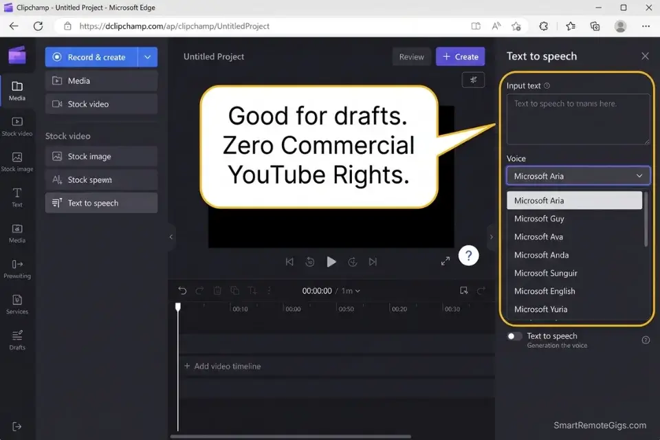 Screenshot of the Clipchamp text to speech interface, representing the best free AI voice generator for non-commercial drafts.