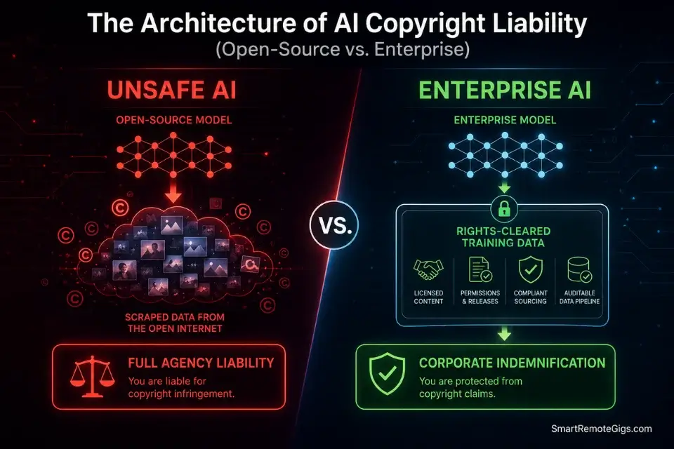 Diagram explaining the copyright liability risks of standard AI image generators versus commercial indemnification platforms.
