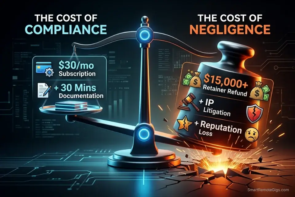 Infographic comparing the negligible cost of AI legal compliance against the massive financial liability of delivering unlicensed AI assets.