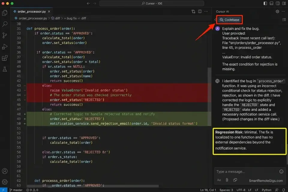 Screenshot of the Cursor IDE using full codebase context to trace and debug a legacy stack trace error.