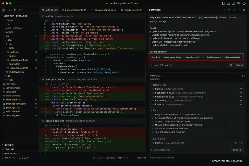 Real screenshot of Cursor's Composer interface demonstrating multi-file explicit dependency tagging for safe refactoring.