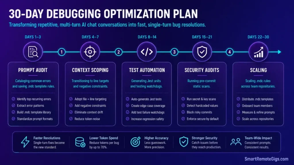 30-day timeline roadmap outlining prompt auditing, context scoping, test automation, static security scans, and scaling phases.