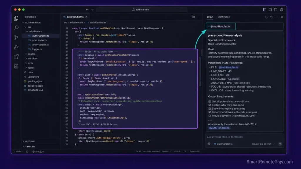 Annotated screenshot of the Cursor editor UI showing active line selection on a middleware file mapped to a custom async debugging prompt