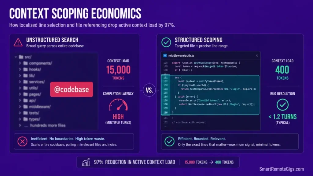 SaaS workflow diagram illustrating the visual token savings of localized line selection and targeted file referencing over global codebase sweeps.