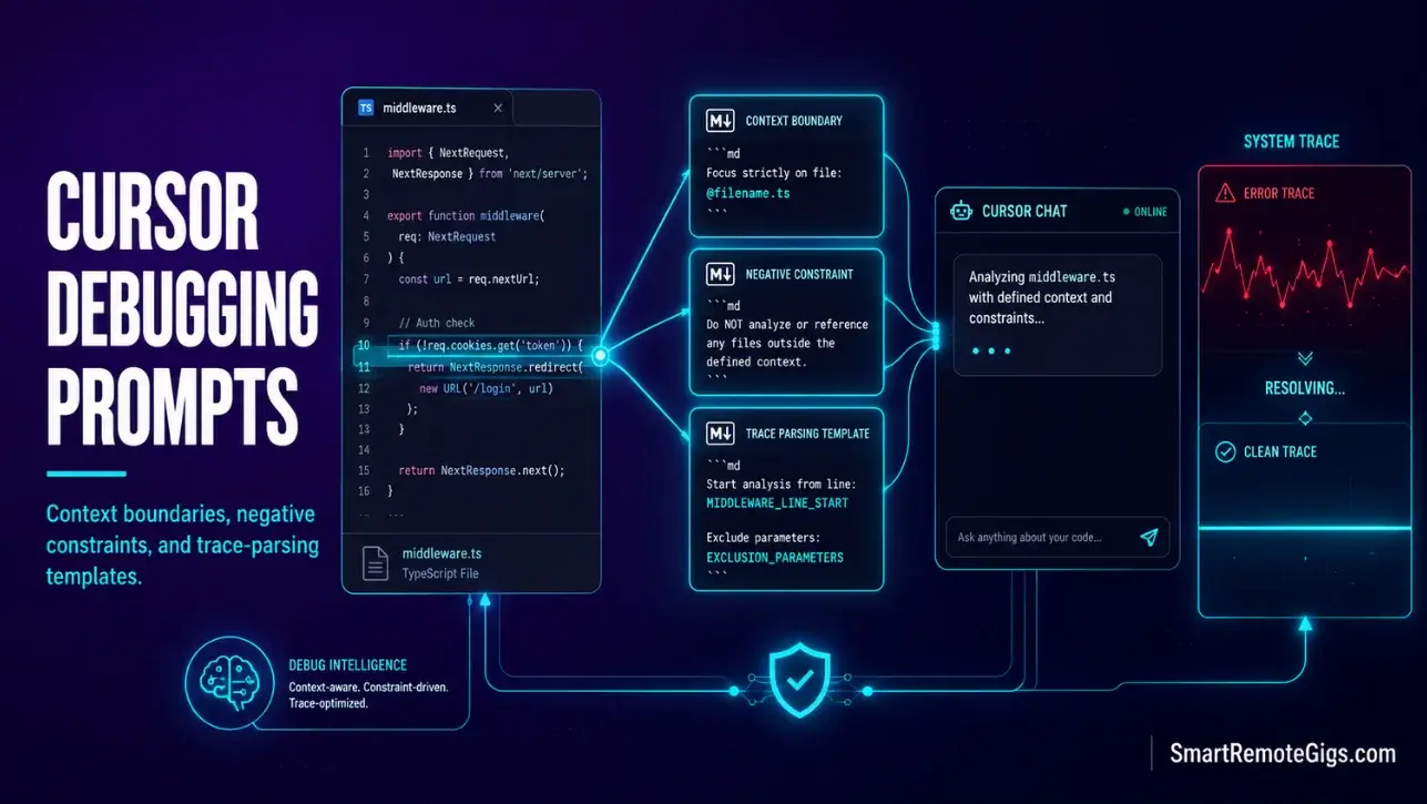 Cursor debugging prompts: Premium SaaS editorial graphic depicting structured prompt cards with local system file variables routing into a chat console.