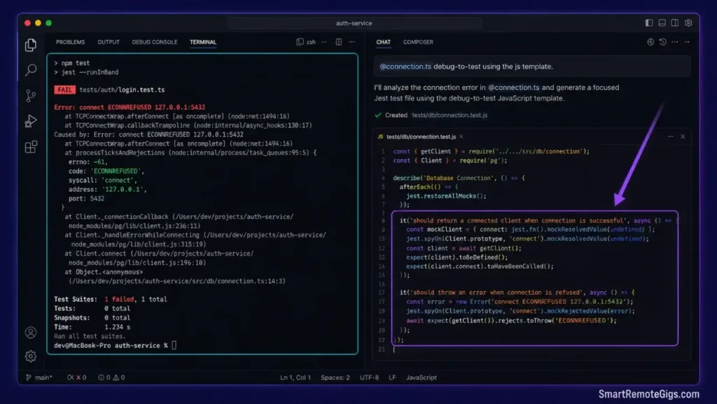 Screenshot of Cursor's workspace displaying a raw compiler stack trace converted automatically into a complete, isolated Jest test file.