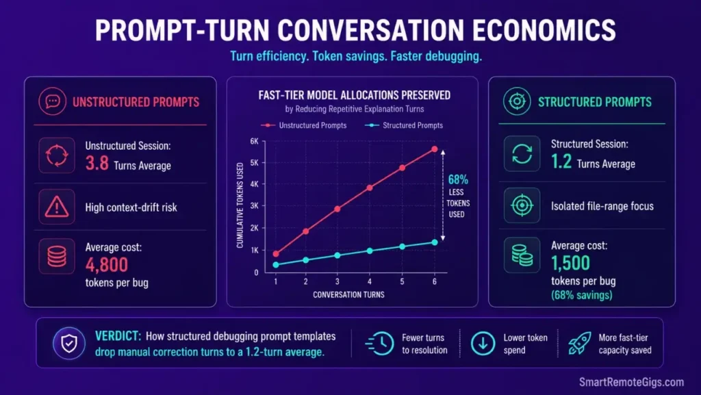 Infographic comparing prompt-turn counts and context-window token expenditures between unstructured and structured debugging sessions.