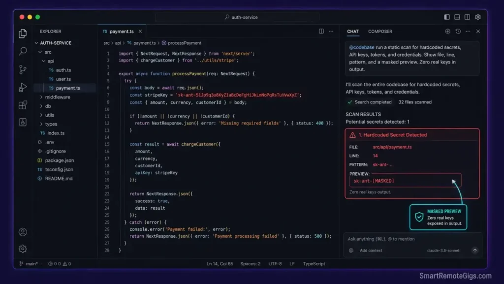 Screenshot of Cursor's chat panel displaying the output of our security audit scan locating and masking exposed hardcoded API keys.